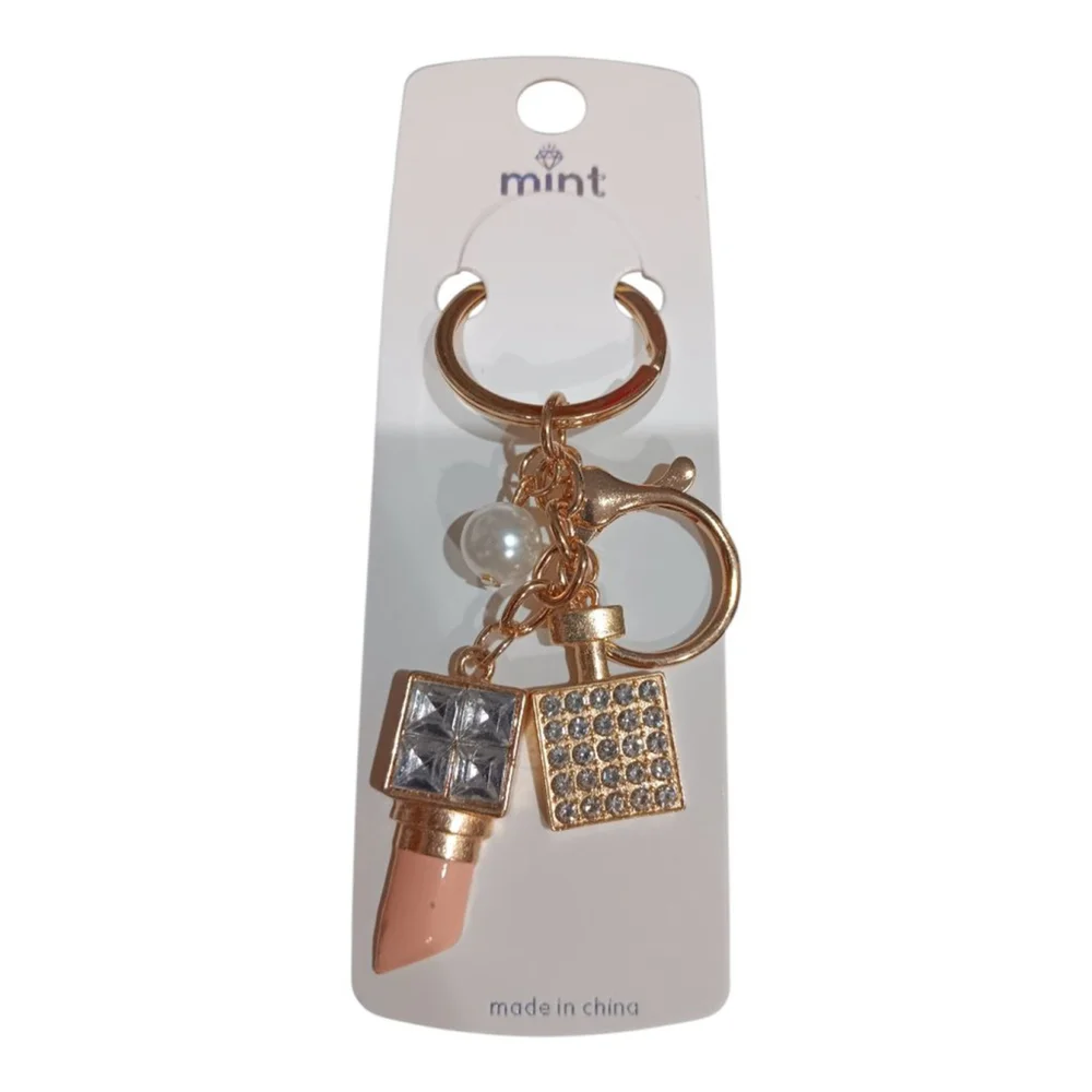 Lipstick, Perfume Bottle, Pearl Rhinestone Purse Charm Keychain in Blush Bling